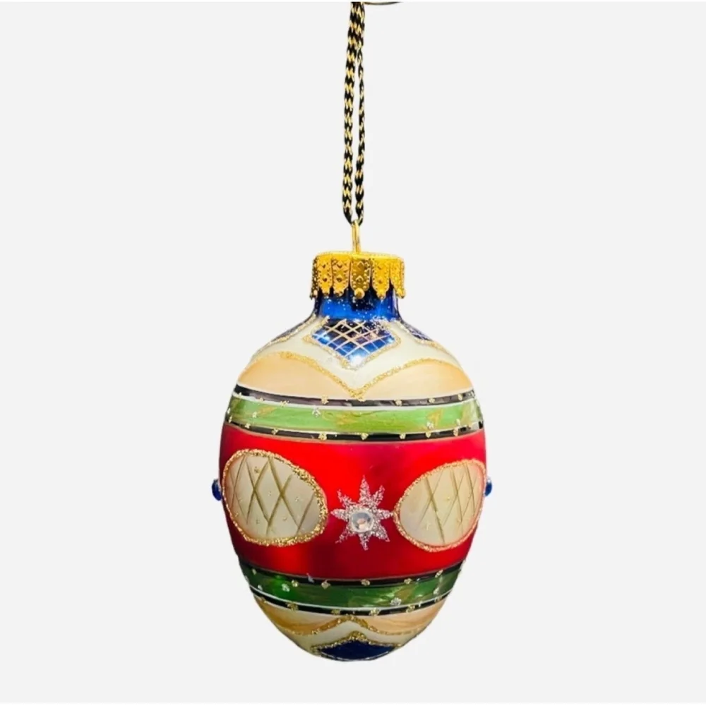 Multi-Color Jeweled Hand-Painted Pysanka Egg Glass Ornament Xmas Decor Excellent